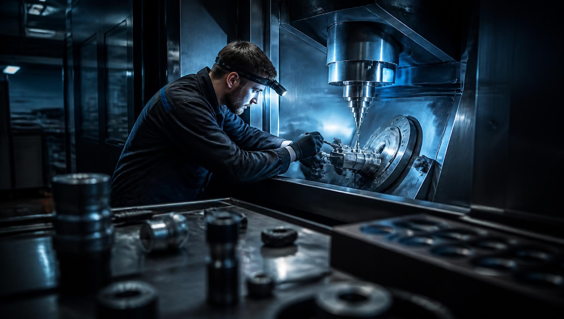 Mepro Utilaje service engineer calibrating a CNC machining centre